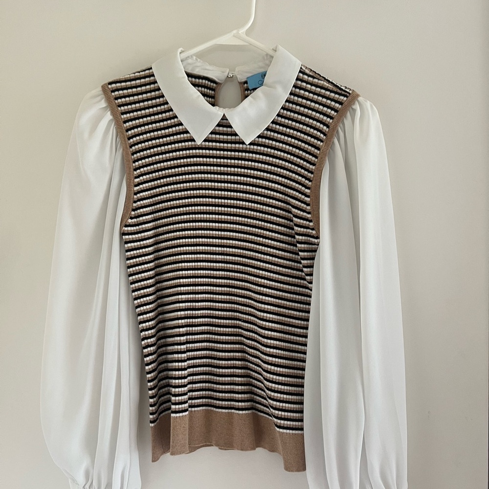 CeCe Black and White Striped Blouse with White Sleeves